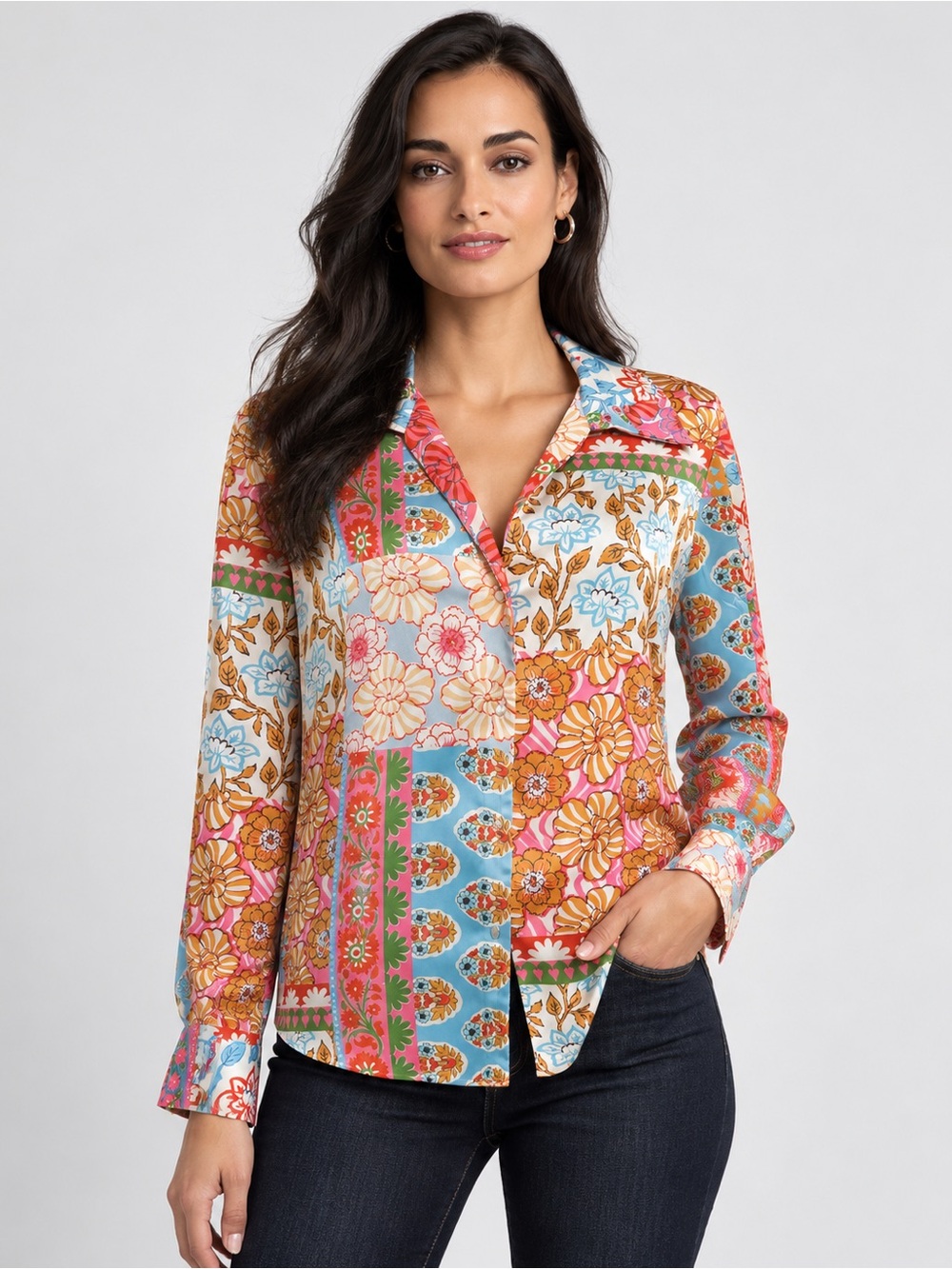 Zara Women’s Large Floral Patchwork Button Down Long Sleeve Blouse